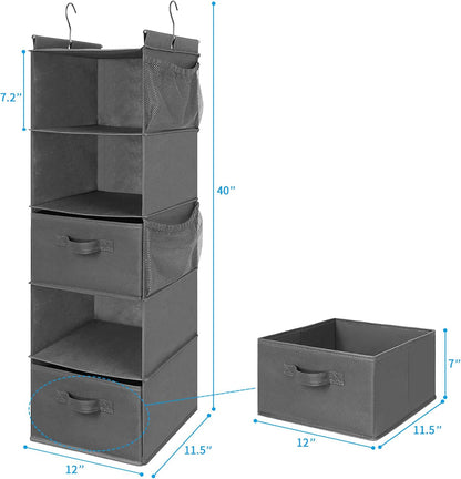 MAX Houser 4-Shelf Hanging Closet Organizer, Space Saver, Cloth Hanging Shelves with 2 Side Pockets, Foldable (Beige)