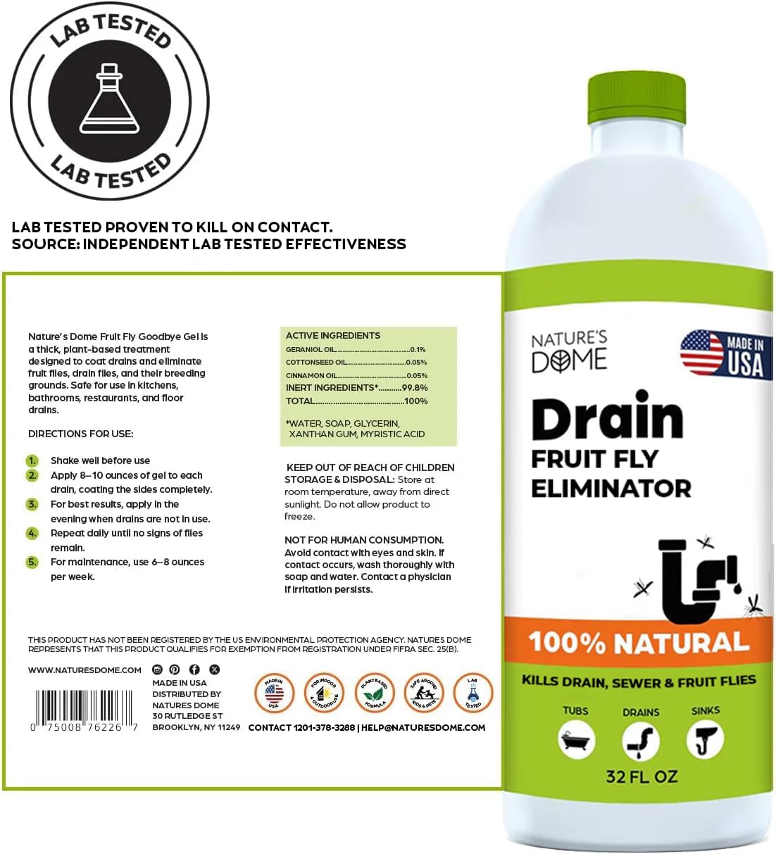 Nature’s Dome Drain Fly Killer Gel | Kills & Prevents Drain Flies & Fruit Flies | Natural Plant-Based Fly Killer Treatment Indoor for Sinks & Pipes | Safe for Septic Systems | 32 Oz