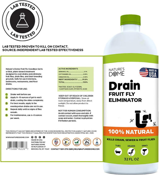 Nature’s Dome Drain Fly Killer Gel | Kills & Prevents Drain Flies & Fruit Flies | Natural Plant-Based Fly Killer Treatment Indoor for Sinks & Pipes | Safe for Septic Systems | 32 Oz