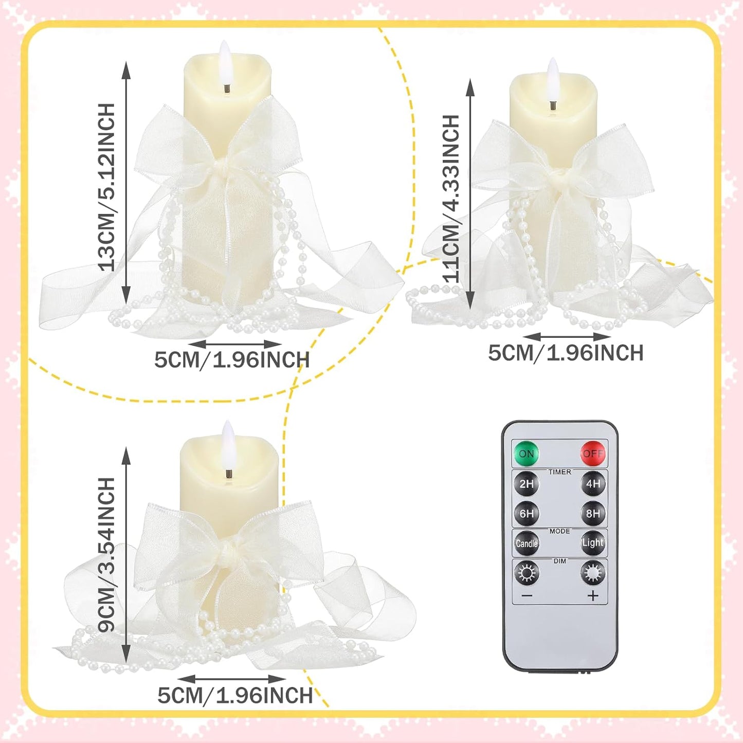 VIHOSE 3 Set/10 Pcs Pearl Bow Flameless Candles with Remote, Ivory LED Pillar Candle Set with Pearl Chain Organza Ribbon, Flameless Flickering Candles for Wedding Bridal Shower Church Decoration