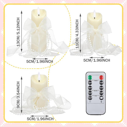 VIHOSE 3 Set/10 Pcs Pearl Bow Flameless Candles with Remote, Ivory LED Pillar Candle Set with Pearl Chain Organza Ribbon, Flameless Flickering Candles for Wedding Bridal Shower Church Decoration