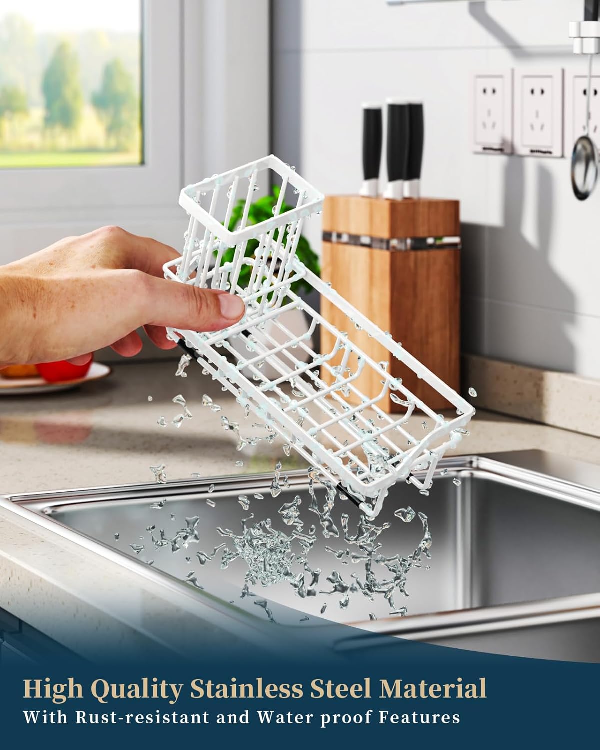 Consumest Sponge Holder for Kitchen Sink - Kitchen Sink Caddy Organizer with Removable Drip Tray for Countertop Dish Soap Dispenser Brush Storage Accessories 304 Stainless Steel - Black