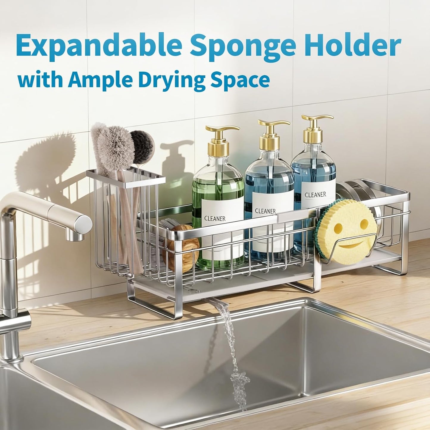 Aurblozen Extra Large Extendable Sponge Holder for Kitchen Sink, Rustproof Sink Caddy Organizer with High Brush Holder, Dish Soap Dispenser Organizers and Storage (Black)