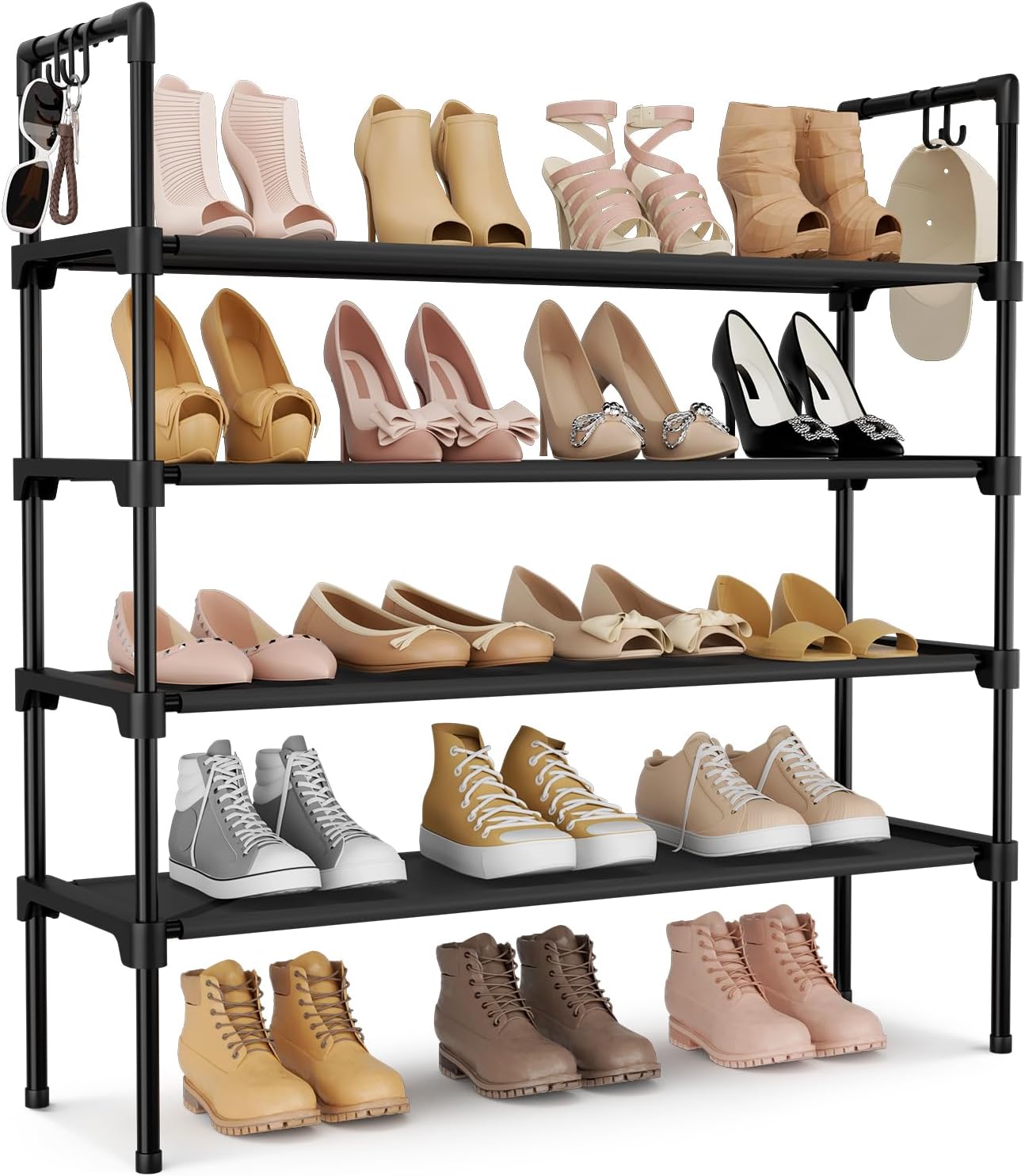 LANTEFUL 3 Tier Shoe Rack for Closet, Shoe Organizer with 5 Hooks, Long Shoe Shelf Storage for Sneaker and Boot Stackable Free Standing Shoe Rack for Entryway, Garage, Small Spaces, Dorm