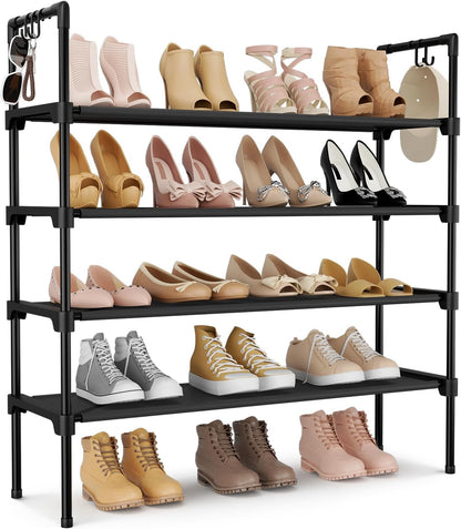 LANTEFUL 3 Tier Shoe Rack for Closet, Shoe Organizer with 5 Hooks, Long Shoe Shelf Storage for Sneaker and Boot Stackable Free Standing Shoe Rack for Entryway, Garage, Small Spaces, Dorm
