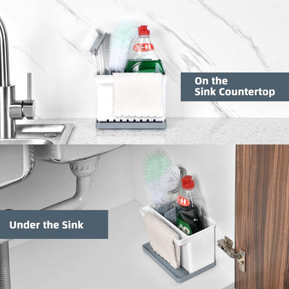 JOMOLA Kitchen Sink Organizer Dish Brush Sponge Holder Caddy Toothbrush Holders for Bathrooms Sinkware Kitchen Utensil Holder Sink Caddy Organizer with 4 Separate Dividers Removable Drain Tray (Grey)