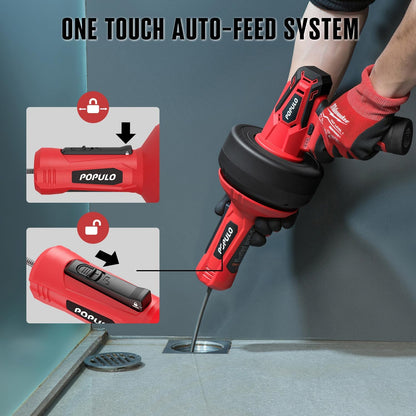 POPULO 12V Cordless Electric Drain Auger, Auto Feed Plumbing Snake Drain for Unclog Sink Drain 3/4"-2" Pipe, 16.8 FT Snake Hair Drain Clog Remover Cleaner Tools for Shower, Kitchen, Bathtub, Sink