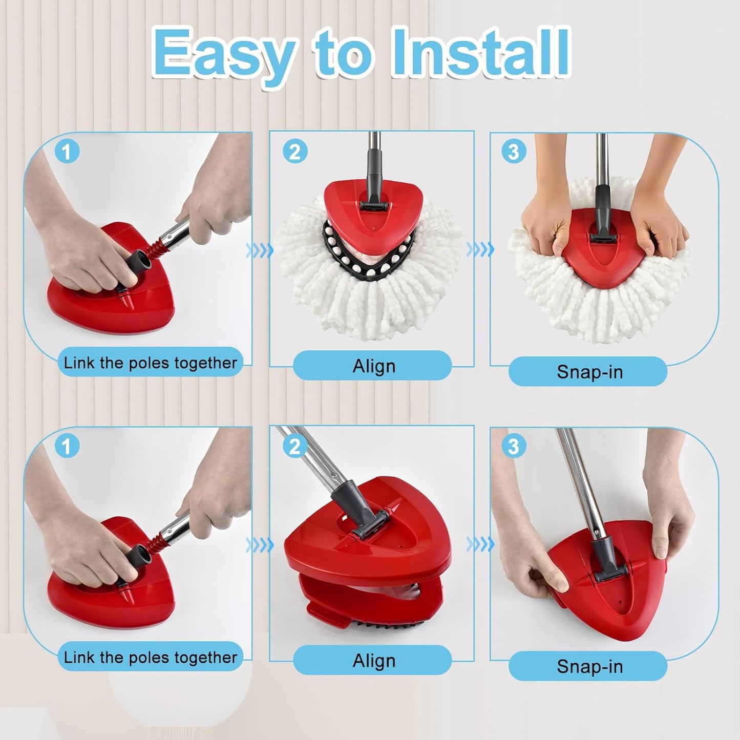 Spin Mop Handle,Mop Replace Heads,Brush and Base Compatible with O Cedar EasyWring 1 Tank,2 Microfiber Mop Refills and Brush,4-Section 30-58" Mop Handle,Mop Base Combo Set for Wet/Dry Floor Cleaning
