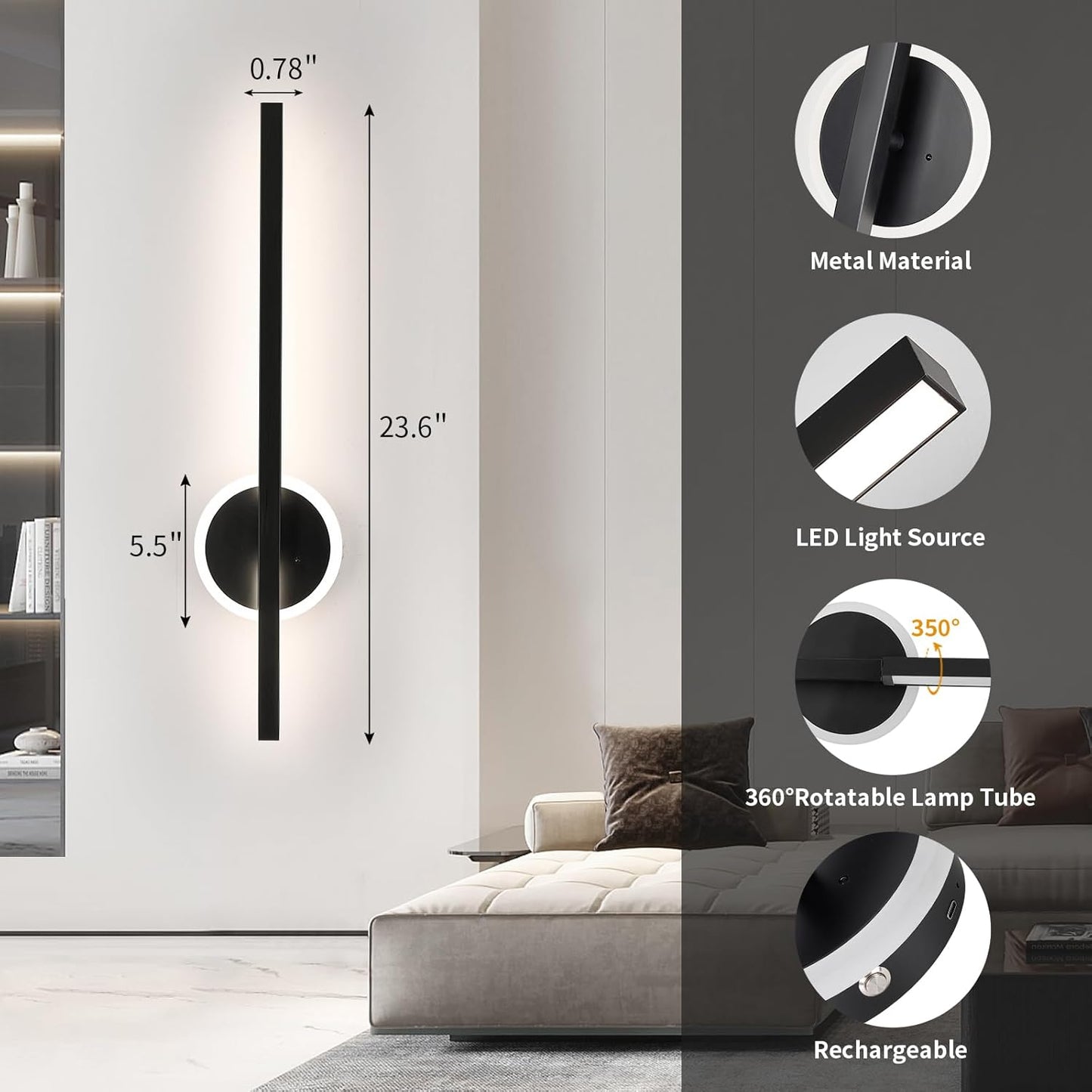 24 Inch Battery Operated Wall Sconce Set of 2, Dimmable Battery Sconces with Remote Control, 8000 mAh Rechargeable Sconces, 350° Rotate Modern LED Lights for Bedroom, Living Room, Black Gold