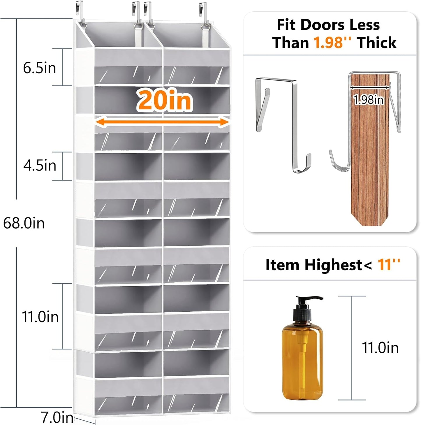 Heavy Duty Over The Door Organizer 5 Tiers, Extra Large Behind Door Storage of 10 Big Front & 10 Mesh Pockets, 80lb Weight Capacity, Hanging Doors Storage Organizer for Closet Bedroom Nursery, Grey