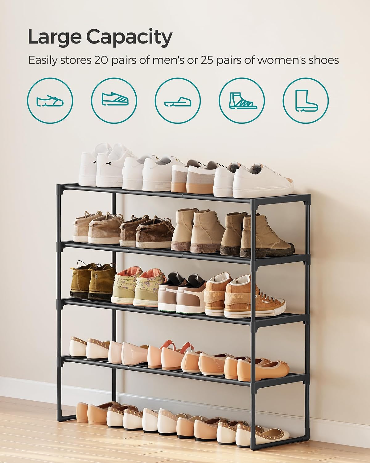 SONGMICS Shoe Rack, 6-Tier Shoe Organizer, Metal Storage Shelf, Upright or Upside Down, for 24-30 Pairs, Stackable, for Entryway, 11.8 x 36.2 x 42.7 Inches, Black ULSA306BH01