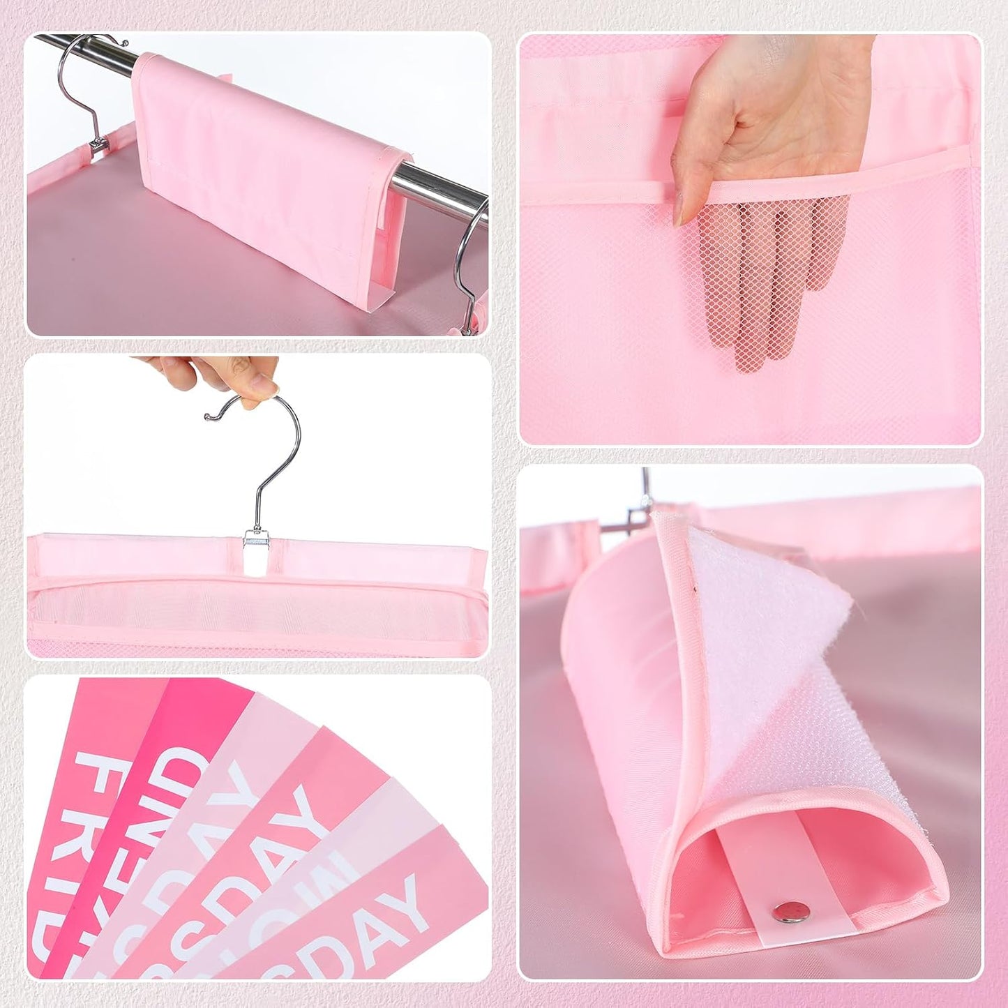 Thyle 6-Shelf Weekly Clothes Organizer for Kids, Hanging Daily Closet Organization with 12 Side Pockets, Pink Days of the Week Clothing Divider Storage for Boys and Girls