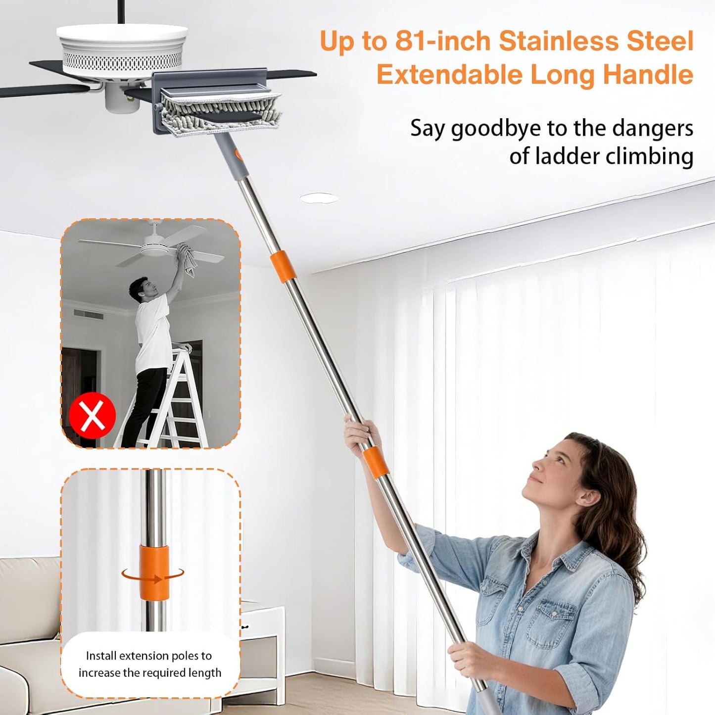Ceiling Fan Cleaner Duster, 3-in-1 Fan Duster Cleaning Tool with 81'' Extendable Long Handle, Removable Chenille & Microfiber Mop Head Cleaner for Ceiling Fan Blade, Baseboard, Wall, Floor, Window
