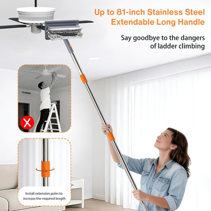 Ceiling Fan Cleaner Duster, 3-in-1 Fan Duster Cleaning Tool with 81'' Extendable Long Handle, Removable Chenille & Microfiber Mop Head Cleaner for Ceiling Fan Blade, Baseboard, Wall, Floor, Window