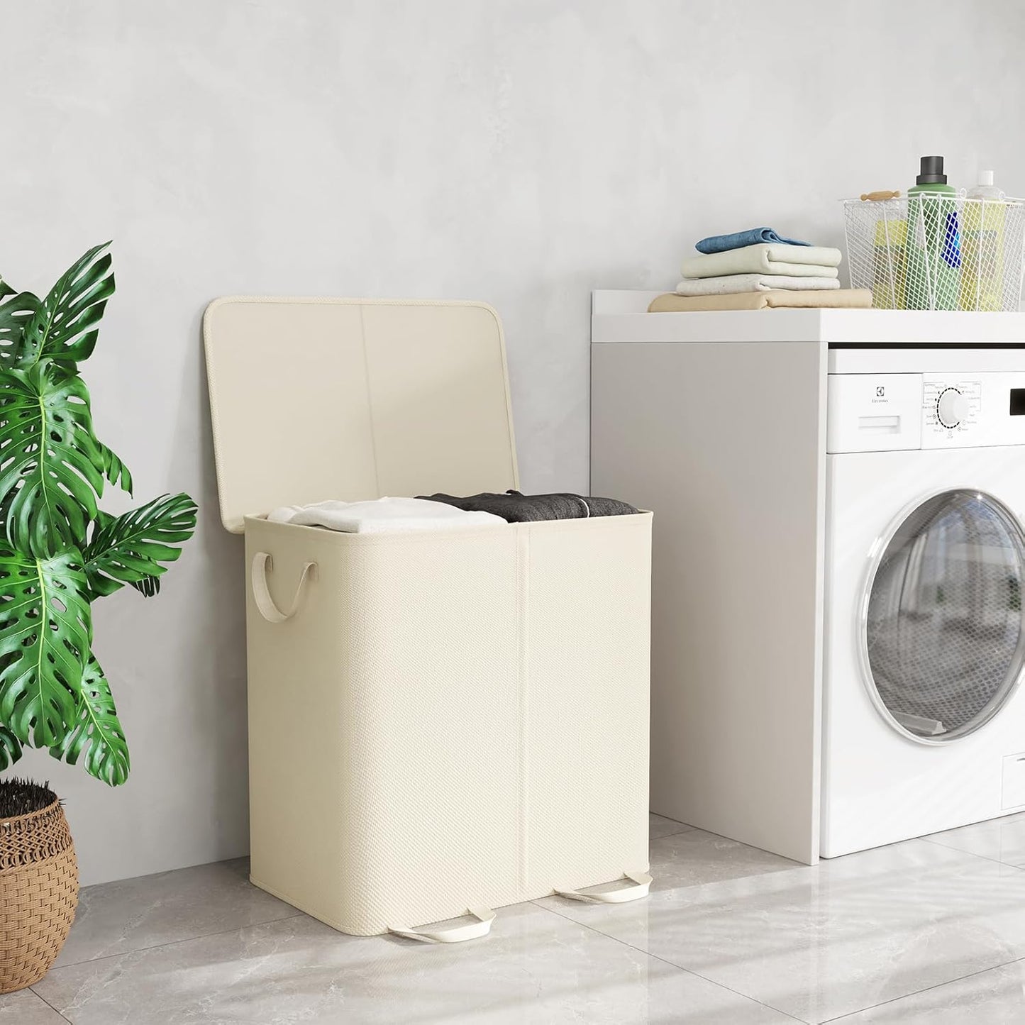 Lifewit Double Laundry Hamper with Lid and Removable Laundry Bags, Large Collapsible 2 Dividers Dirty Clothes Basket with Handles for Bedroom Laundry Room Closet Bathroom College, 136L Beige