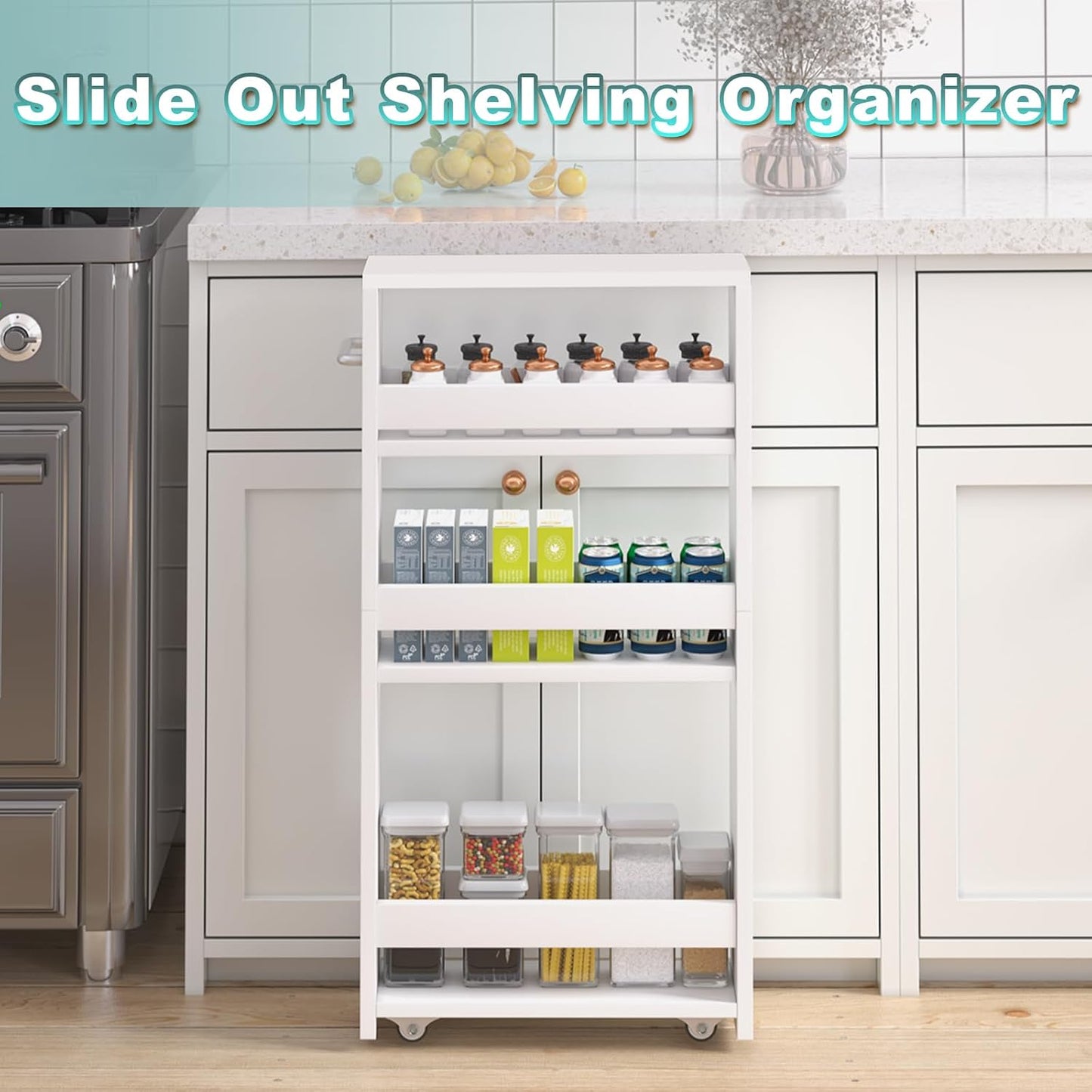 MARTY Slim Rolling Storage Cart 4-Tier Kitchen Cart with Wheels, Laundry Room Storage with Handle Slide Out Utility Cart Shelving Unit Organizer Trolley for Narrow Places Bathroom Small Corner, Black