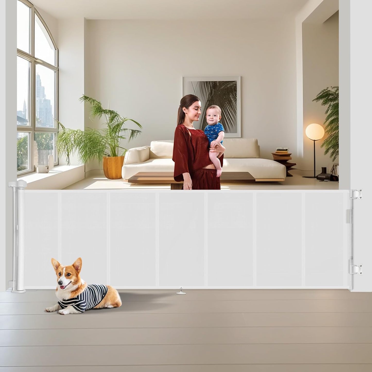 Miumoon 50 inch Retractable Baby Gates 34 inch Tall, Retractable Gate with Reinforced Strip Design to Prevent Crawling Through, Retractable Dog Gate for Stairs, Doorways, Hallways