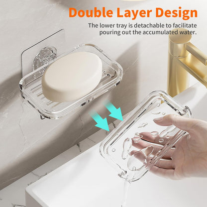 Bar Soap Dish 2 Pack,Self Draining Soap Holder for Shower,Wall Mounted Soap Saver with Strong Adhesive, No Drilling Clear Plastic Holder for Bathroom Storage & Kitchen Sink Organizer,Keeps Soap Dry