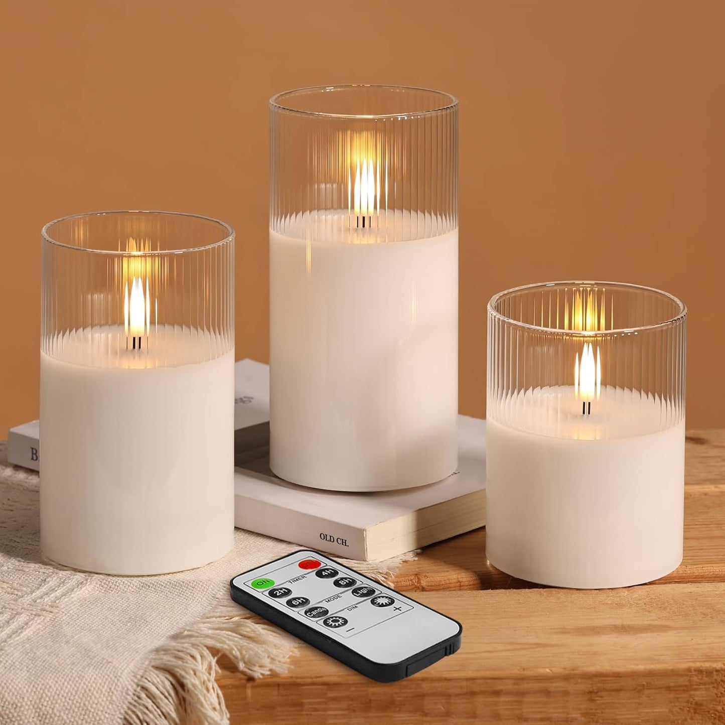 Eywamage Smoke Grey Ribbed Glass Flameless Pillar Candles with Remote, Flickering LED Wax Candles Battery Operated Set of 3
