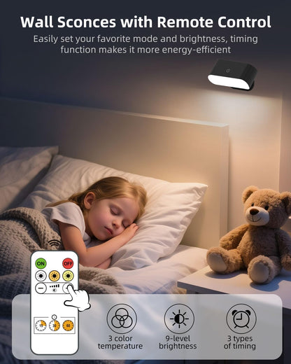 Battery Operated Wall Sconce Set of 2, Rechargeable LED Wall Mounted Light with Remote Control, Stick On Magnetic Wall Lights for Bedroom, 3 Modes Dimmable Bedside Reading Wall Lamps for Bedroom