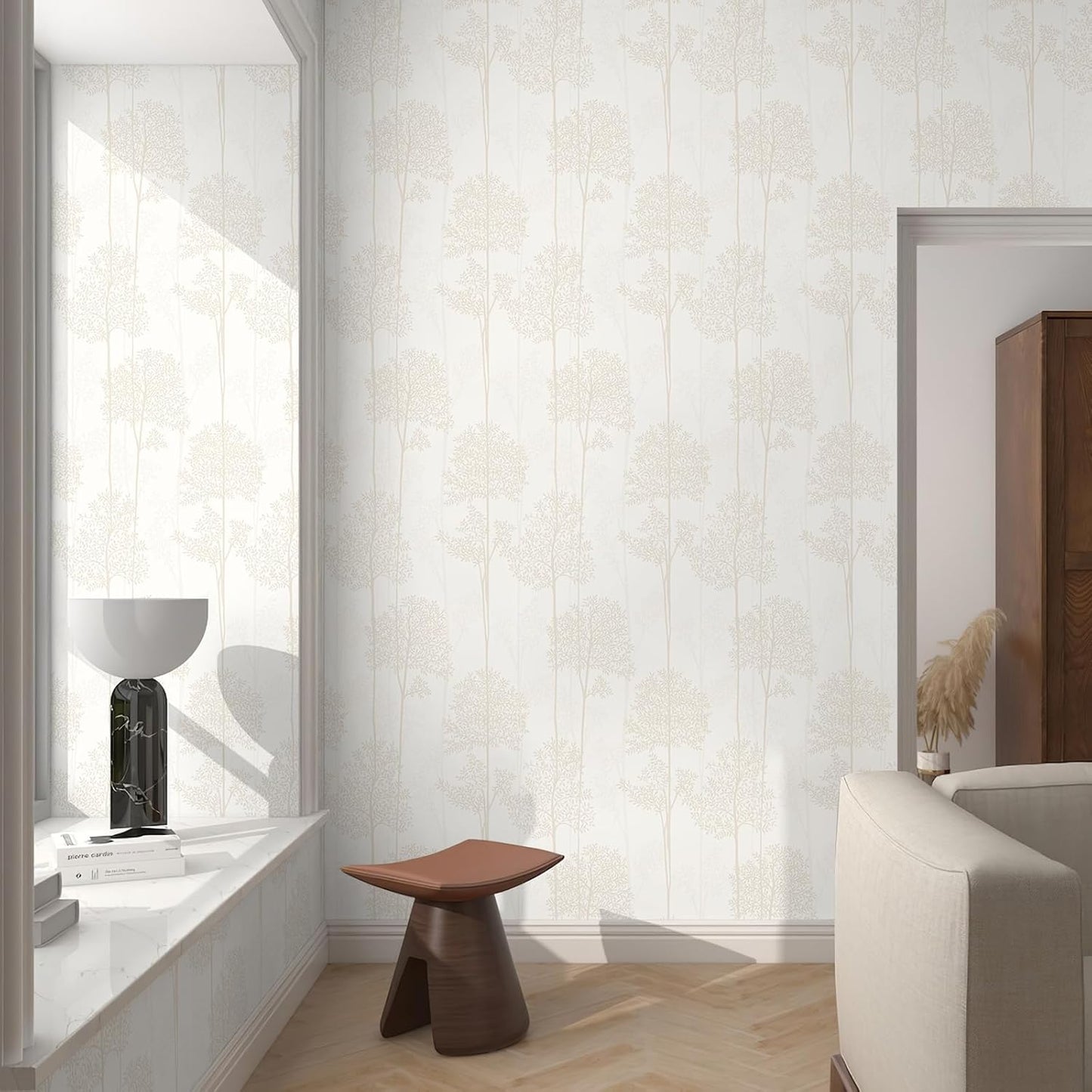 JiffDiff Warm White Self Adhesive Wallpaper with Waterproof, Farmhouse Removable Peel and Stick Wallpaper for Bathroom and Cabinets Decor, Botanical Renter Friendly Contact Paper 17.3" X 120"