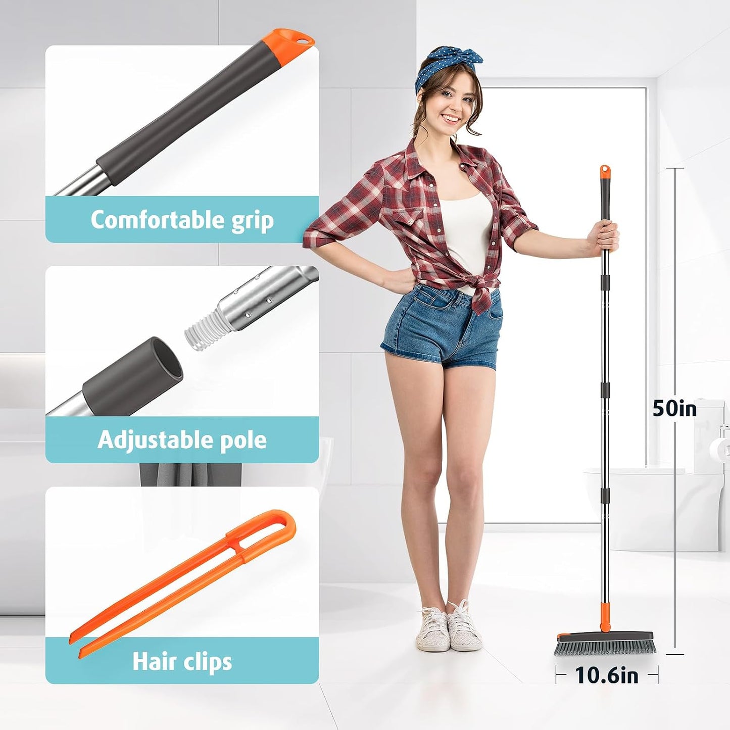 AIR U+ Grout Brush with Long Handle 180° Swivel Scrub Brush with Tweezers to Hair Clip V-Shape Grout Line Scrubber Stiff Bristles for Deep Cleaning Crevice, Tile Line, Shower, Kitchen, Corners