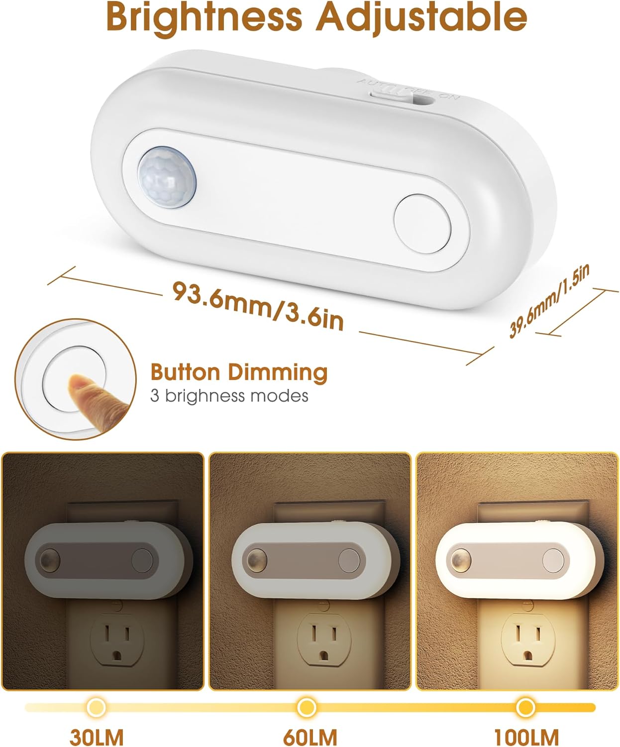 Plug-in LED Night Light with Motion Sensor & Dusk to Dawn Sensor, Dimmable Warm White Nightlight 30-100LM Adjustable Sleep Night Lights Plug Into Wall for Bedroom, Bathroom, Stairs, Hallway, 2 Pack