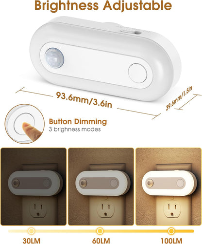 Plug-in LED Night Light with Motion Sensor & Dusk to Dawn Sensor, Dimmable Warm White Nightlight 30-100LM Adjustable Sleep Night Lights Plug Into Wall for Bedroom, Bathroom, Stairs, Hallway, 2 Pack