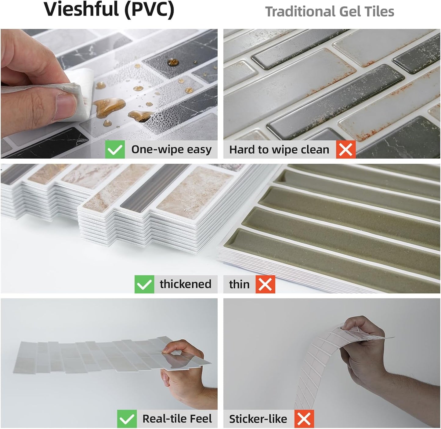 Vieshful 10 Sheet Peel and Stick Backsplash for Kitchen Wall - 12"x12" Smooth PVC 3D Visual Effect Marble Tile Stickers, Waterproof Self Adhesive Light Khaki Wall Tiles for Bathroom, Renter Friendly