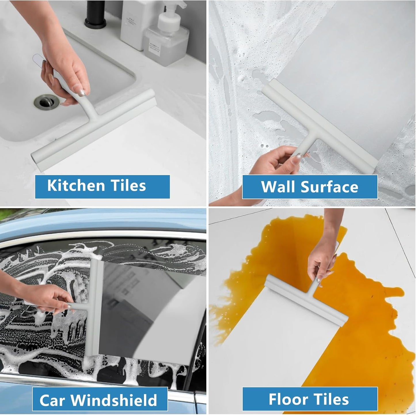 Squeegee for Shower Glass Doors, Resilient Loop - No-Drill & Adhesive Hook, Silicone Shower Squeegee with Stainless Steel Core, Cleaning Tool for Home, Kitchen, Bathroom & Car - Black