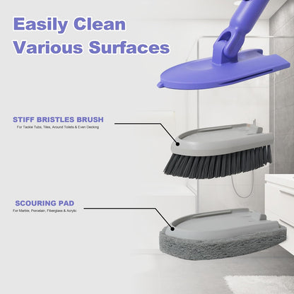 Tile Tub Scrubber Brush with 46.8" Extendable Long Handle, Shower Scrubber Cleaning Brush with 2 Different Function Cleaning Heads for Cleaning Bathroom Kitchen Wall Bathtub Floor