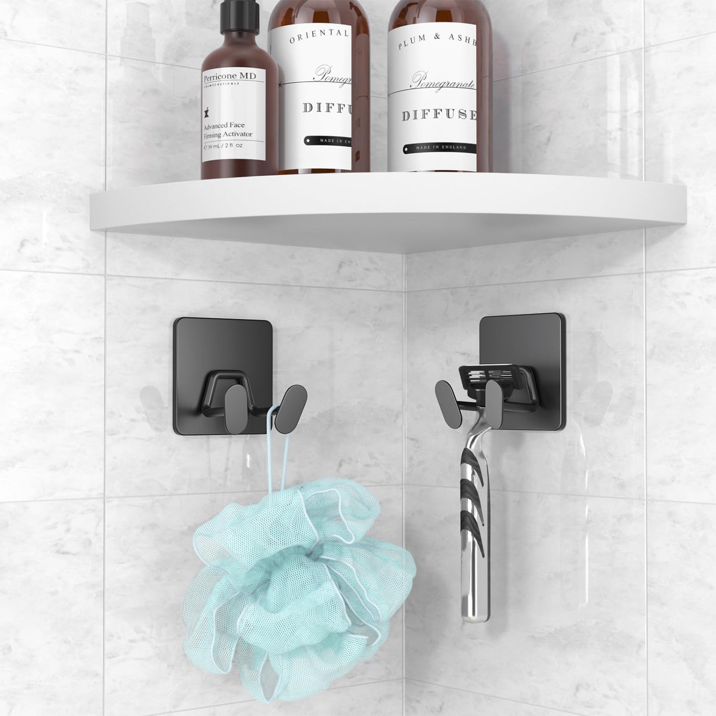 susswiff Shower Hooks for Inside Shower - Extra Sticky Stainless, Razor Holder Accessories, Wall Mounted Self-Adhesive Double Hooks for Razor, Loofah, Towel, Shaver, Coat, Key, Silver 6 Pack