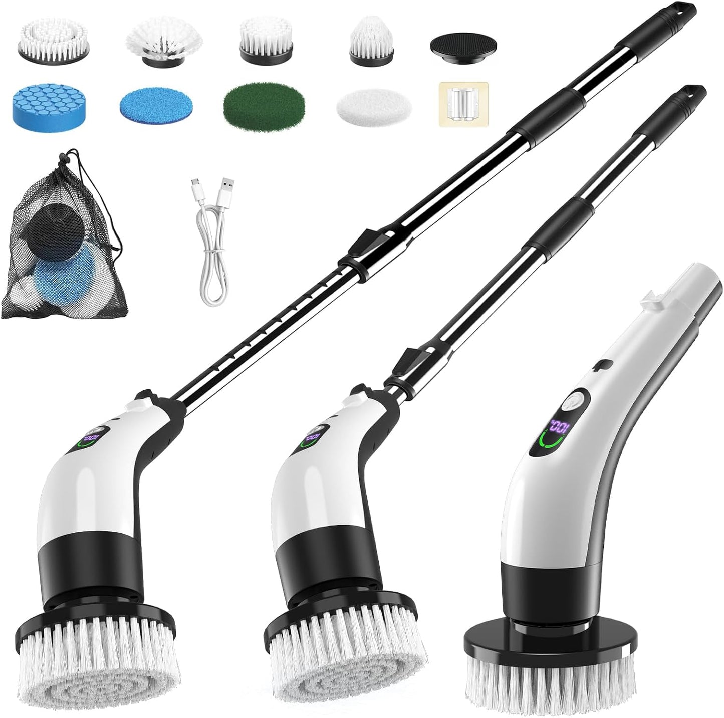 Electric Spin Scrubber with Power LCD Display, Cordless Bathroom Cleaning Brush with Adjustable Extension Handle, 400RPM/Mins, 9 Replaceable Brush Heads, IPX7 Waterproof for Shower, Bathtub, Tile