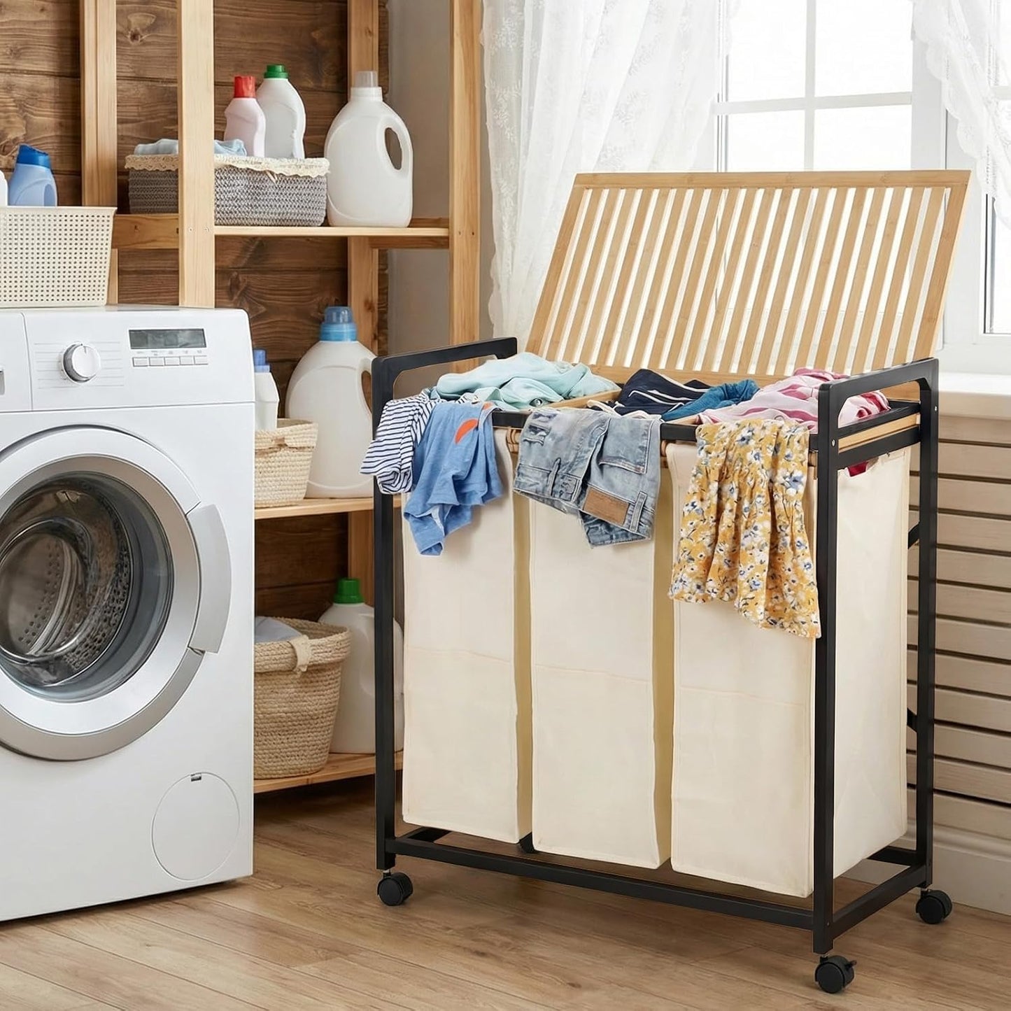 Bamboo Laundry Hamper 3 Section with Lid, 150L Laundry Sorter with Lockable Wheels, Pull-Out Removable Washable Bags, 3 × 12.5 Gal Divided Laundry Baskets for Laundry Room, Bathroom (White)