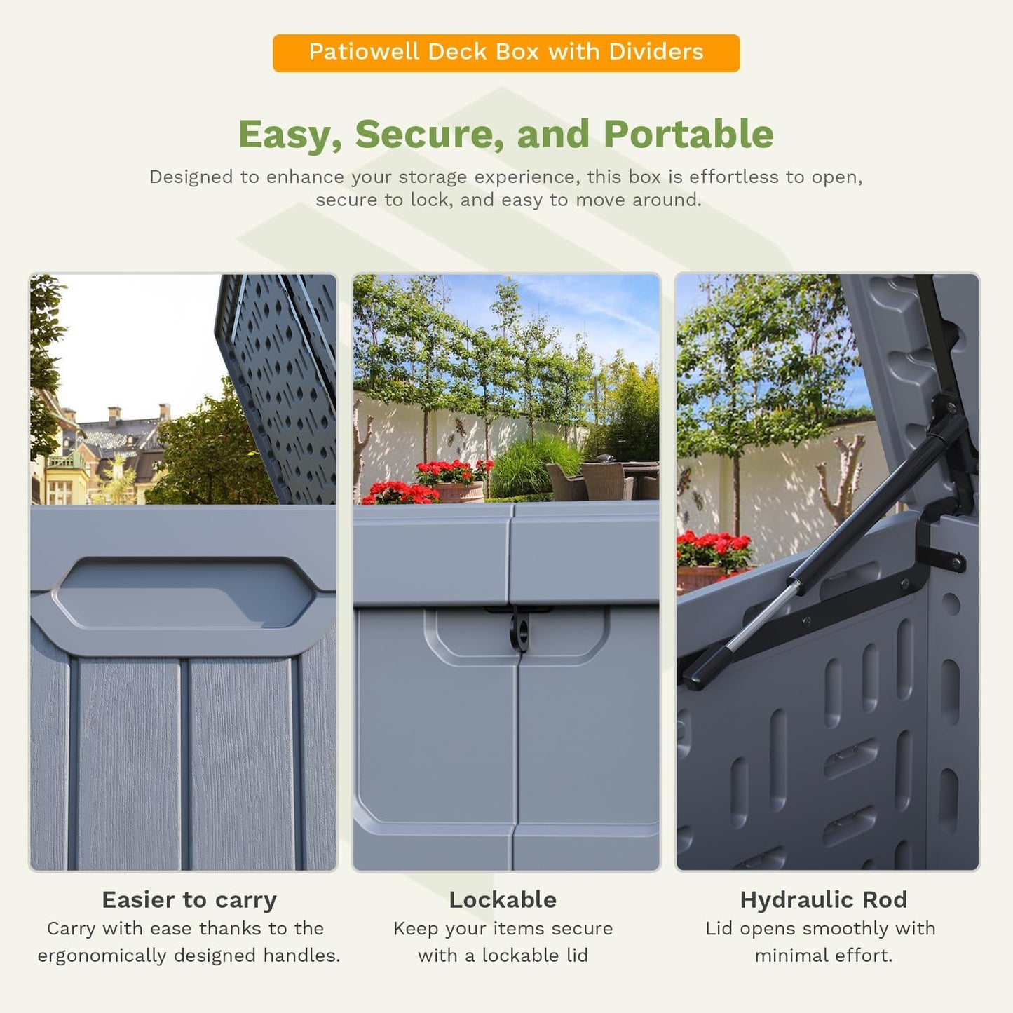 Patiowell 100 Gallon Resin Deck Box, Waterproof Large Outdoor Storage Box for Patio Furniture and Garden Tools, Black