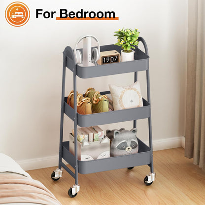 NEWBULIG 3-Tier Rolling Storage Cart, Metal Mobile Utility Organizer Shelf with Lockable Wheels, Space-Saving Freestanding Storage for Bathroom Living Room and Narrow Corner Spaces, Green