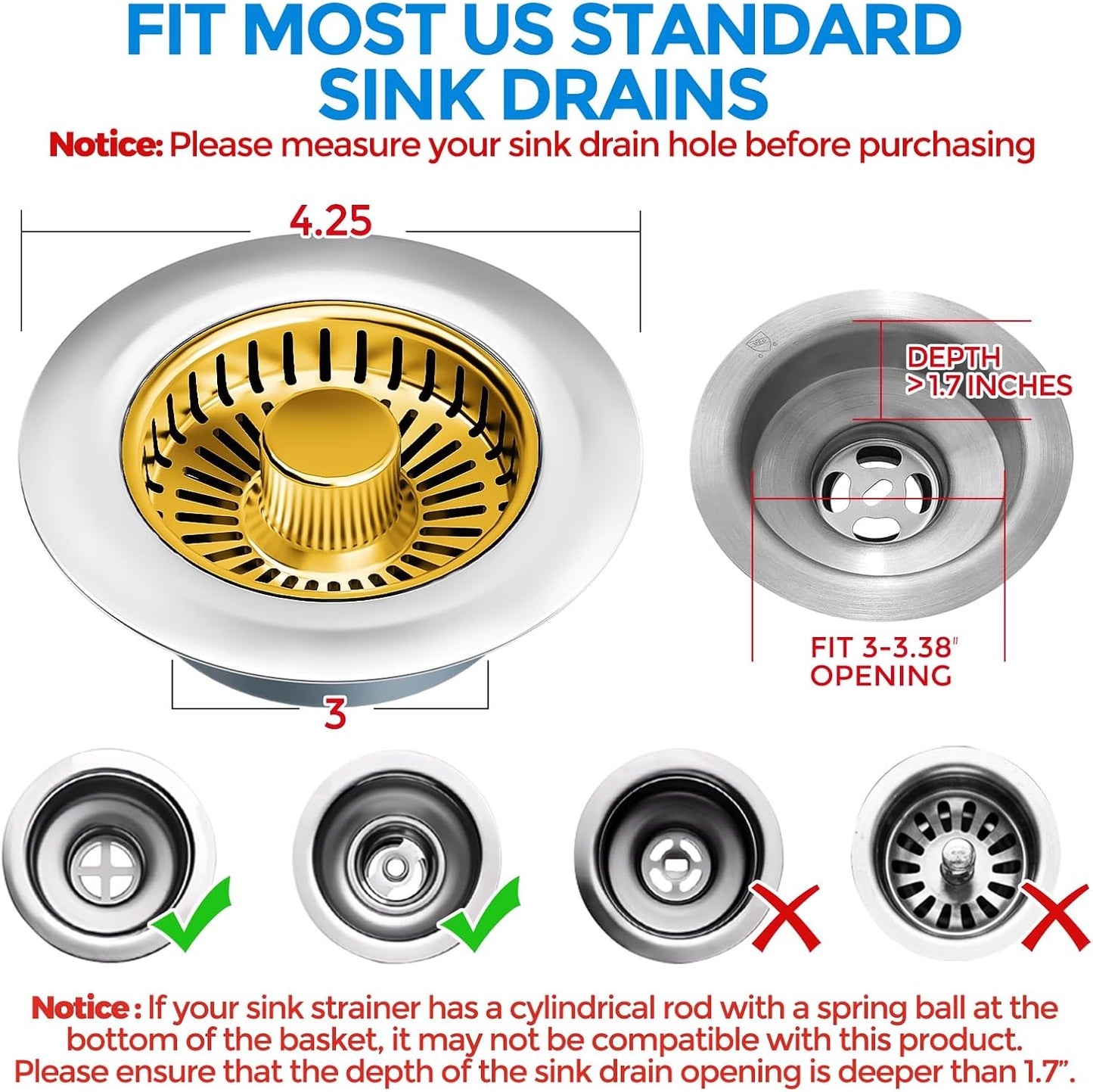 Sink Drain Strainer - Sink Stopper Kitchen Drain, 3 in 1 Kitchen Sink Drain Strainer with Anti-Clogging Basket, Kitchen Gadgets Clearance Sink Accessories, Fit US Standard 3-1/2'' Sink Hole, Silver