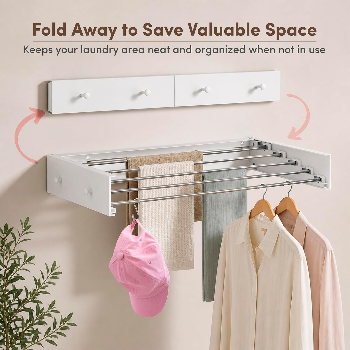 Wall Mounted Drying Rack Stainless Steel 31.5", Foldable Clothes Drying Rack with 4 Hooks & 5 Rods, Heavy Duty Outdoor Indoor Clothes Drying Rack for Apartment Bathroom Balcony Laundry Room