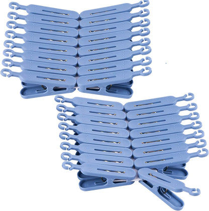 Foshine Foldable Clip Hangers Plastic Blue with 32Pcs Drying Clips | Drip Hanger Foldable Wind-Proof Hook For Underwear Socks Bras Lingerie Clothes