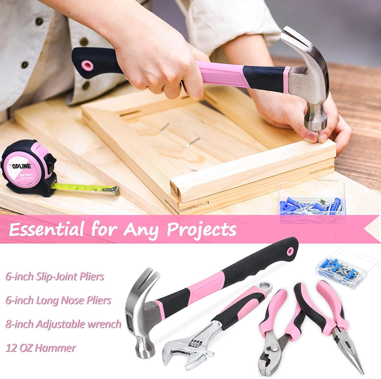TOPLINE 208-Piece Pink Tool Kits for Women with Round Pouch, Small Tools Kit for Apartment, Home, Household Ladies Pink Tool Set for Best Gifts and Home Maintenance