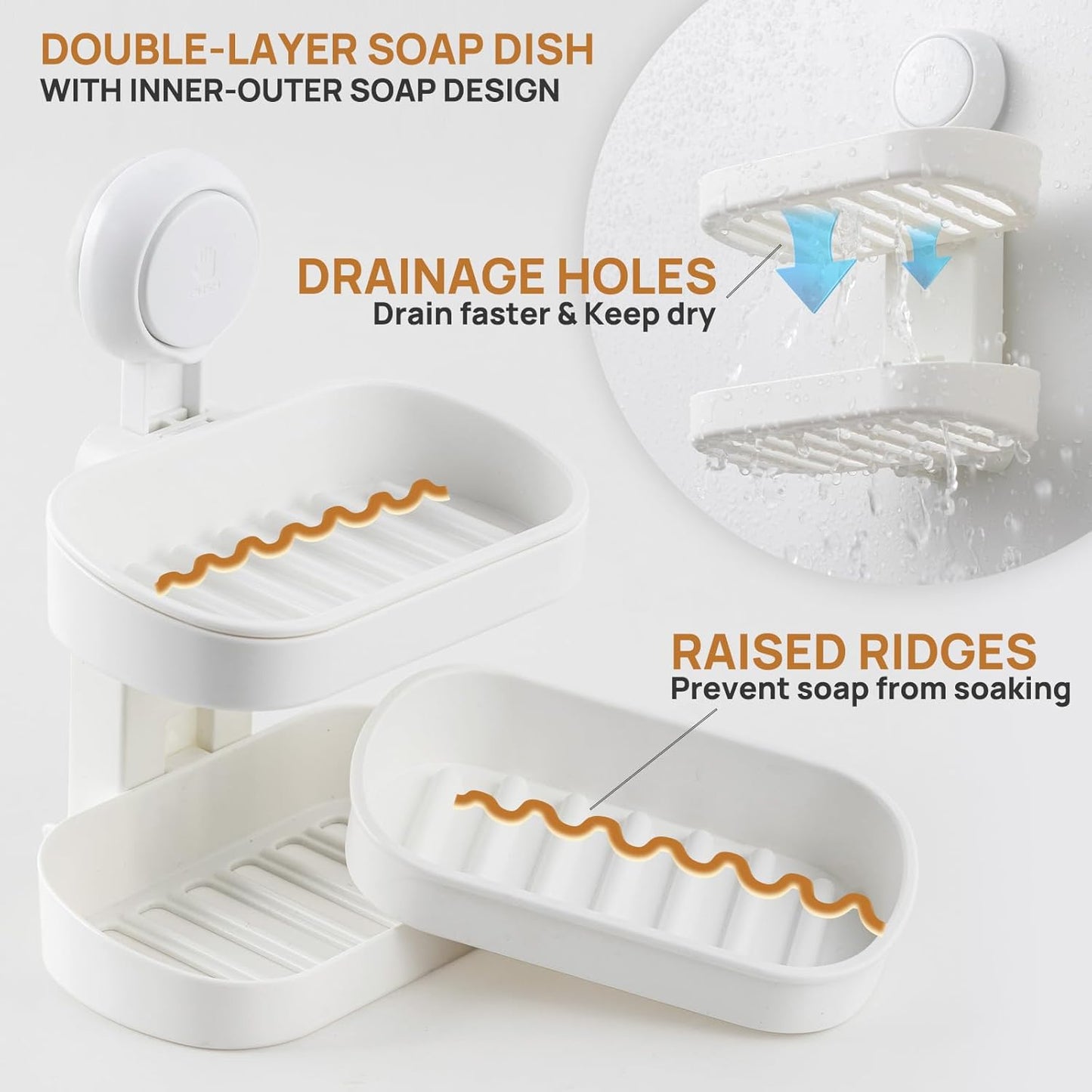 LEVERLOC Soap Dish Holder for Shower Suction Cup Wall Mounted Self Draining NO-Drilling Removable Bar Soap Sponge Holder for Bathroom Bathtub Kitchen Sink Waterproof Strong Vacuum Suction Adhesion