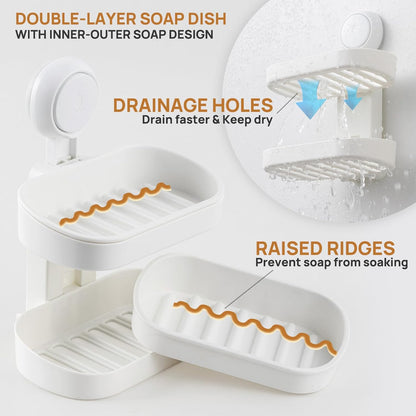 LEVERLOC Soap Dish Holder for Shower Suction Cup Wall Mounted Self Draining NO-Drilling Removable Bar Soap Sponge Holder for Bathroom Bathtub Kitchen Sink Waterproof Strong Vacuum Suction Adhesion