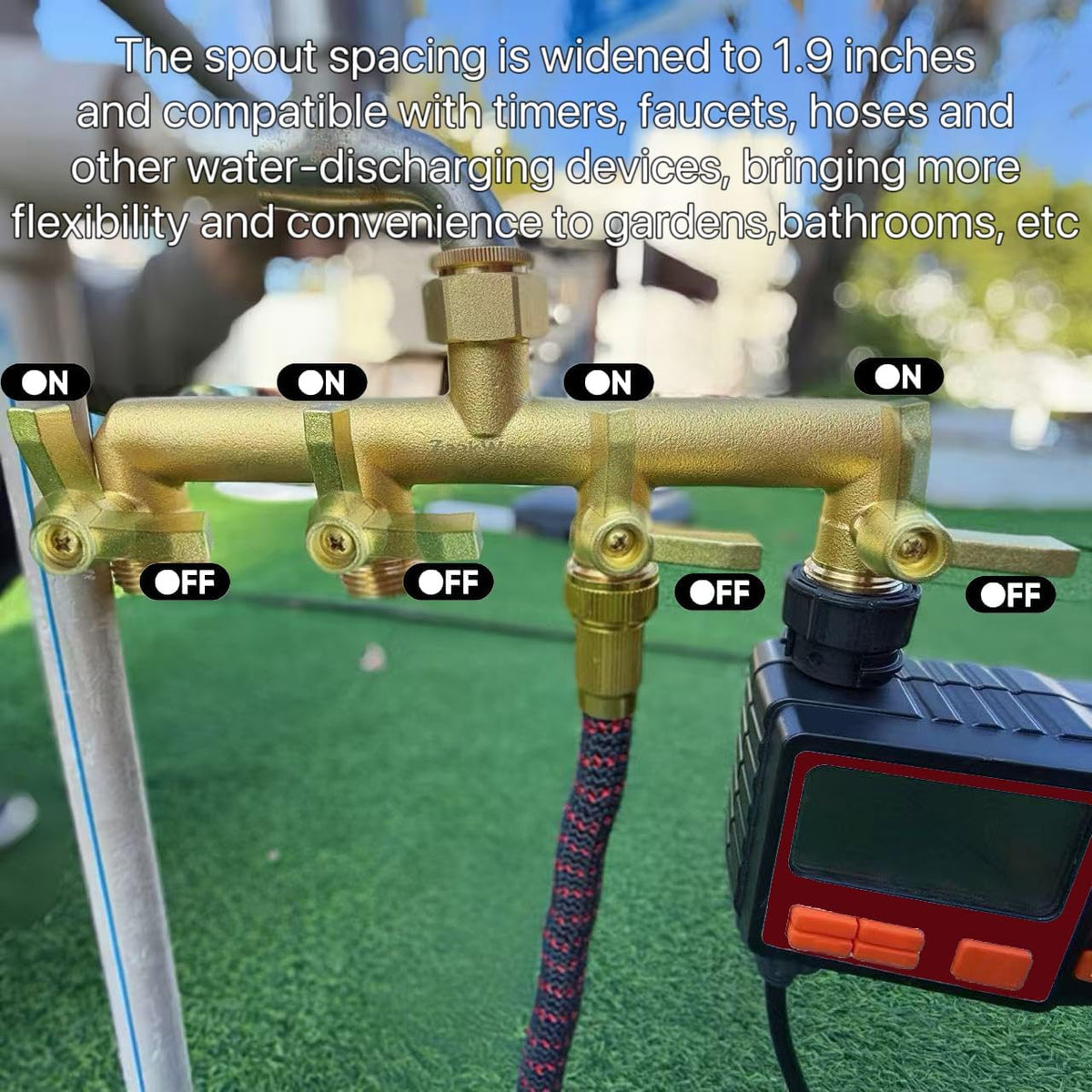 Heavy Duty Brass 2-Way Garden Hose Splitter, 3/4" GHT Threads, Metal Shutoff Valve, Long Handle