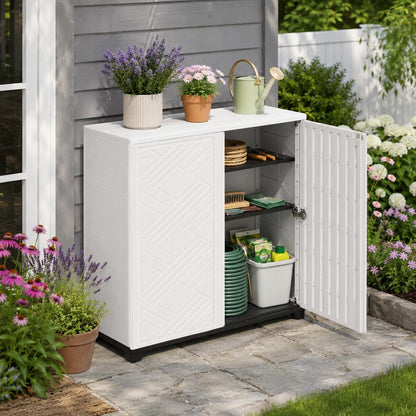 ADDOK Outdoor Storage Cabinet,60 Gallon Waterproof Resin Patio Storage Cabinet with 1 Adjustable Metal Shelf, Upright Outdoor Cabinet for Garden Tools, Pool Supplies, Toys, Porch and Garage