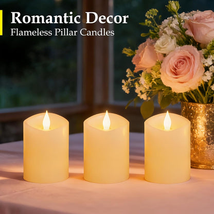 3"x4" Flickering Flameless Battery Candles with Timer, White Realistic LED Pillar Candles, Set of 2 Large Remote-Operated Candles for Home Indoor/Outdoor & Holiday Decor