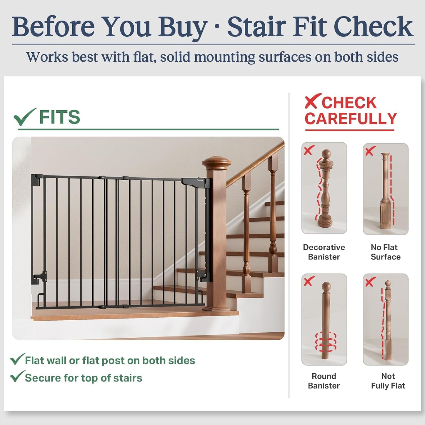 Cumbor 29.2–43" Baby Gate for Stairs, Hardware Mounted (Drill Required), Expandable No Bottom Bar Dog Gate, Auto Close Extra Wide Walk Thru, Pet & Toddler Proof Gate, Top & Bottom of Stairways (White)