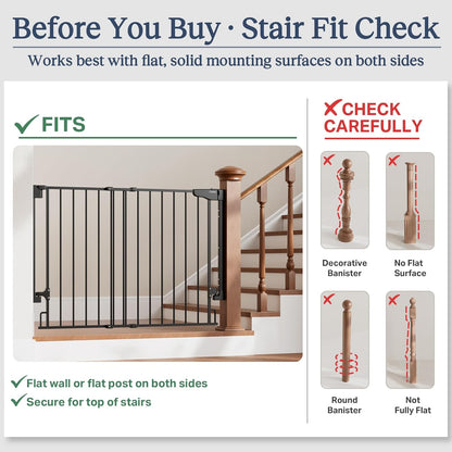 Cumbor 29.2–43" Baby Gate for Stairs, Hardware Mounted (Drill Required), Expandable No Bottom Bar Dog Gate, Auto Close Extra Wide Walk Thru, Pet & Toddler Proof Gate, Top & Bottom of Stairways (White)