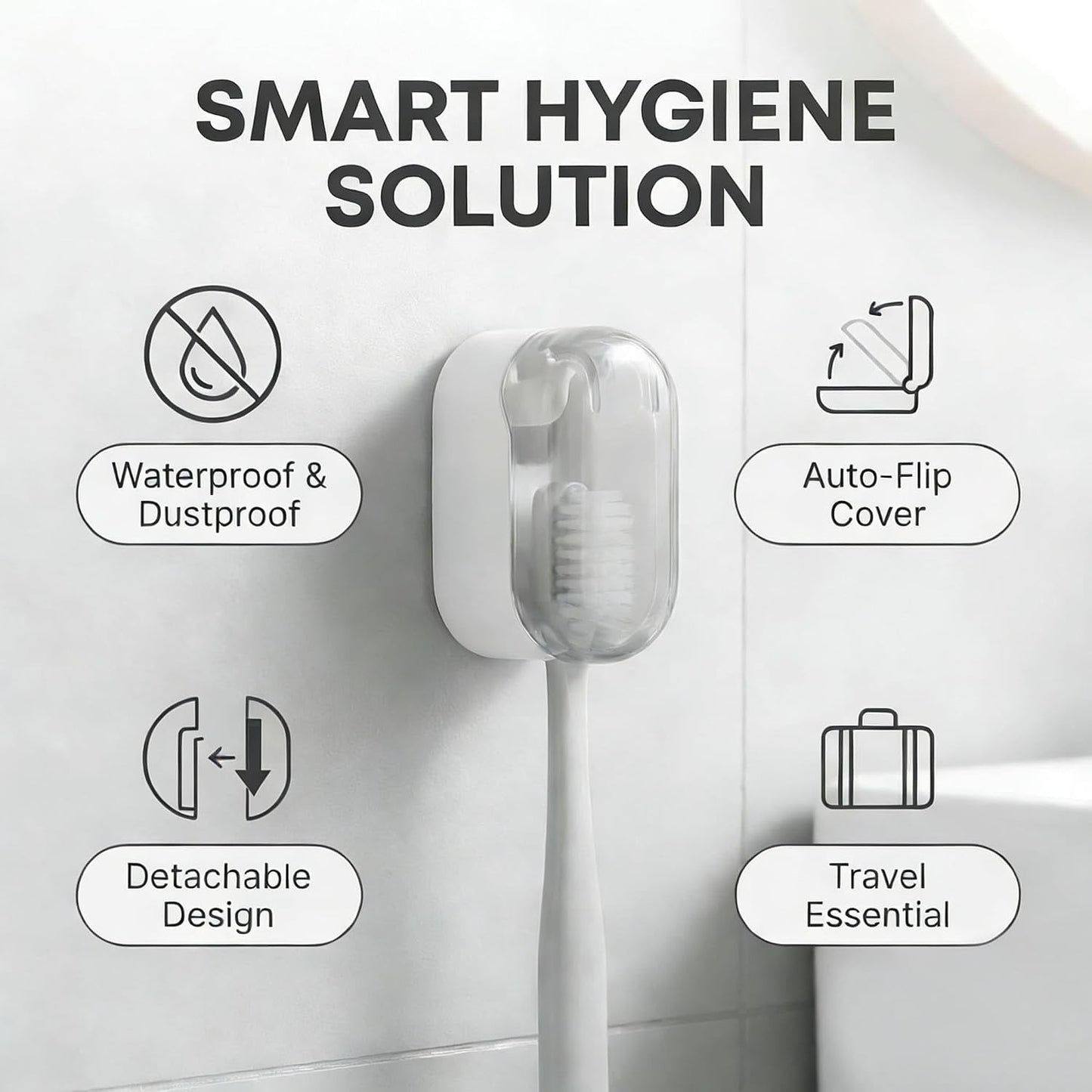 3 PCS Wall Mounted Toothbrush Holders for Bathrooms with Cover, Dustproof Strong Adhesive Toothbrush Holder, No-Drill Space-Saving Shower Toothbrush Organizer Set for Family & Travel (White)