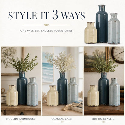 Ceramic Vase Set of 3 – Small Flower Vases, Modern Farmhouse Boho Flower Vases for Home Decor, Rustic Pottery Vases for Centerpieces, Living Room, Shelf, Fireplace, Entryway Decor, Table or Cabinet
