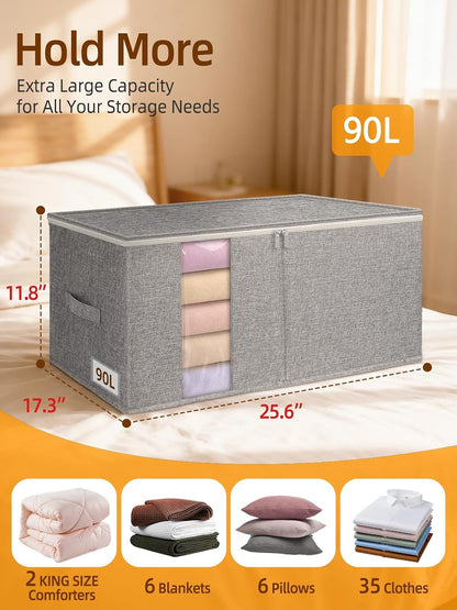 60L Blanket/Comforter Storage Bag w/Rigid Side & Bottom Support, Stackable Clothes Storage Bin for Sweaters Bedding Sets Quilts Pillows, Closet Organizer, 21.7x14.2x11.8in, 2 Pack, Gray